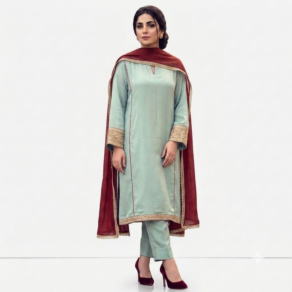 Mint Green Straight Kurta & Maroon Dupatta