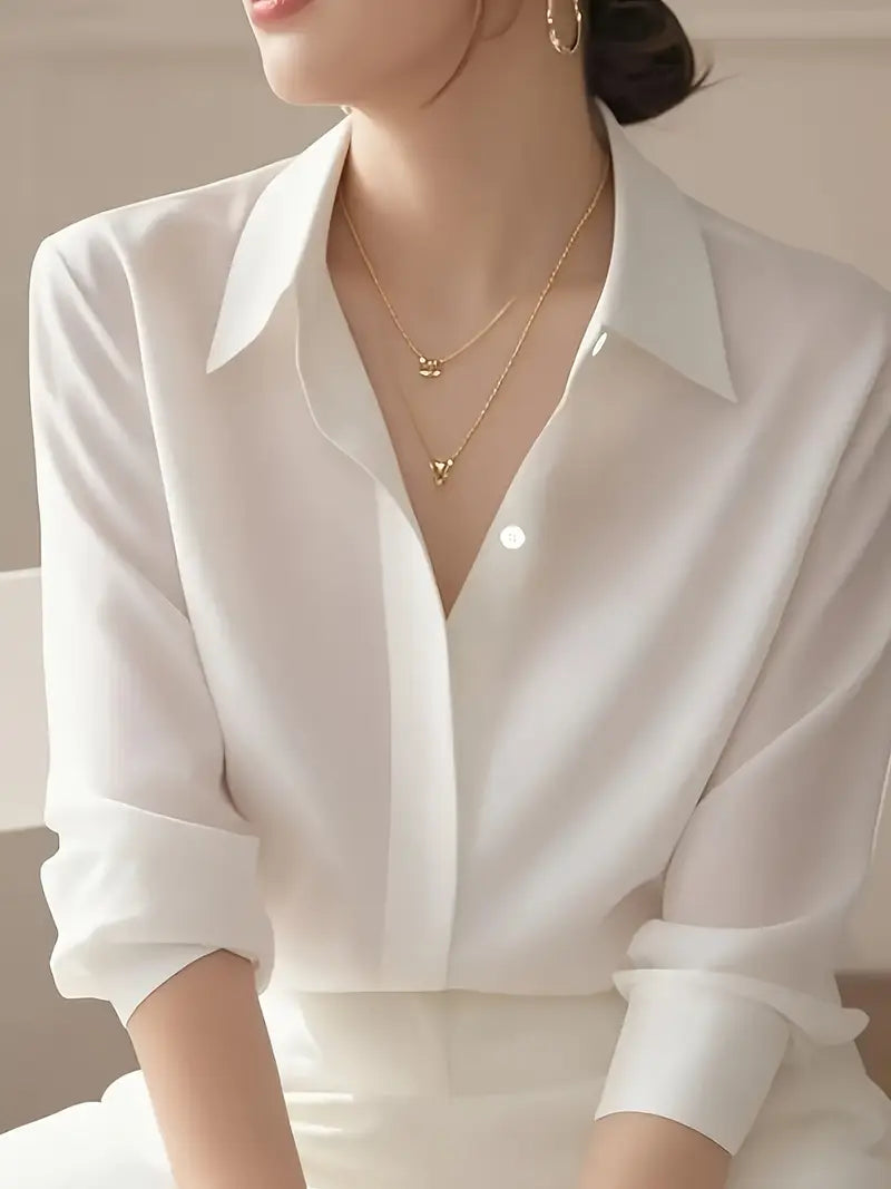 Elegant Long Sleeve Blouse, Classic Solid Color Button-Up Shirt With Lapel Collar, Office And Casual Wear