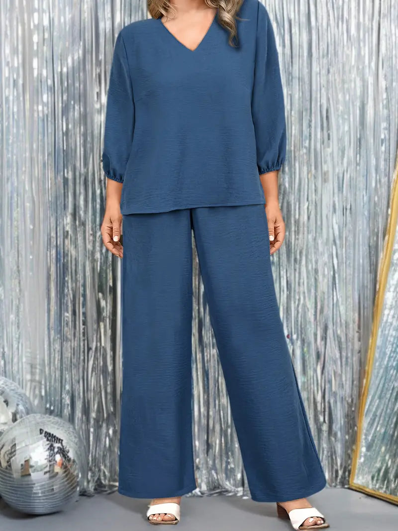 Women’s V-Neck Lantern Sleeve Two-Piece Set – Chic Outfit With Drawstring Waist Top & Flared Pants, Elegant Casual Fashion Suit