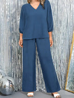 Women’s V-Neck Lantern Sleeve Two-Piece Set – Chic Outfit With Drawstring Waist Top & Flared Pants, Elegant Casual Fashion Suit