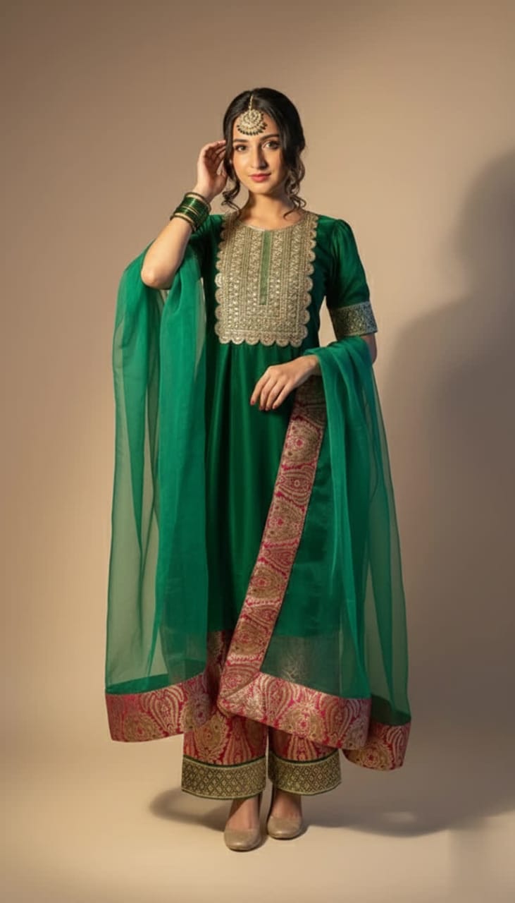 Traditional Meets Modern Silk Suit – Dark Green Embroidered Shirt With Brocade Pants & Organza Dupatta
