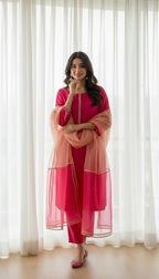 Premium Cotton Silk Pink Ethnic Suit With Lace Embellishment & Organza Dupatta.