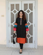 Trendy Black Kurta Set With Orange Hem & Multicolor Sleeves
