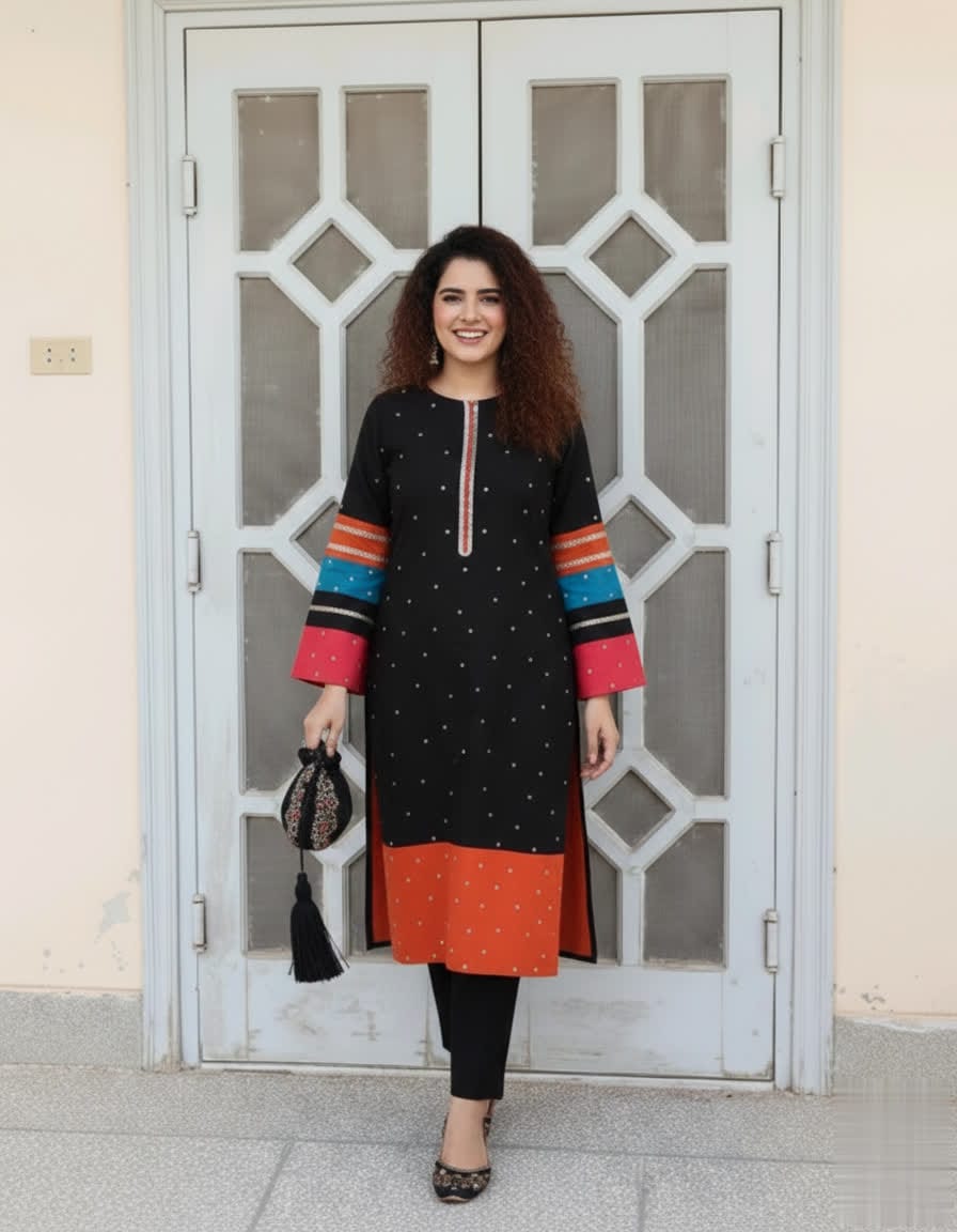 Trendy Black Kurta Set With Orange Hem & Multicolor Sleeves