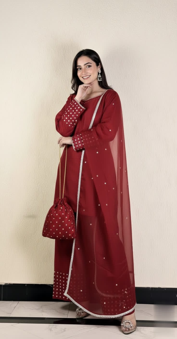 Designer Silk Short Shirt & Shalwar Set With Crystal Detailing.