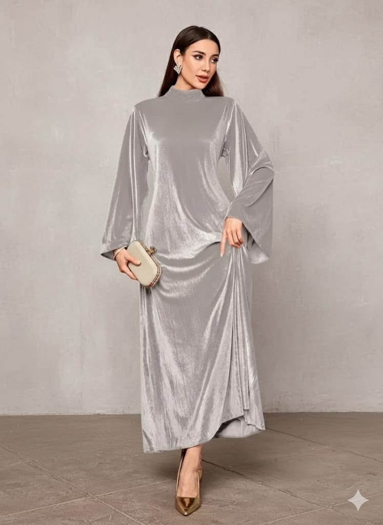 Elegant Full-Length Velvet Maxi Dress For Women, Long Sleeve Gown With Belt, Zipper Back And Tie Detail  Formal Evening Dress