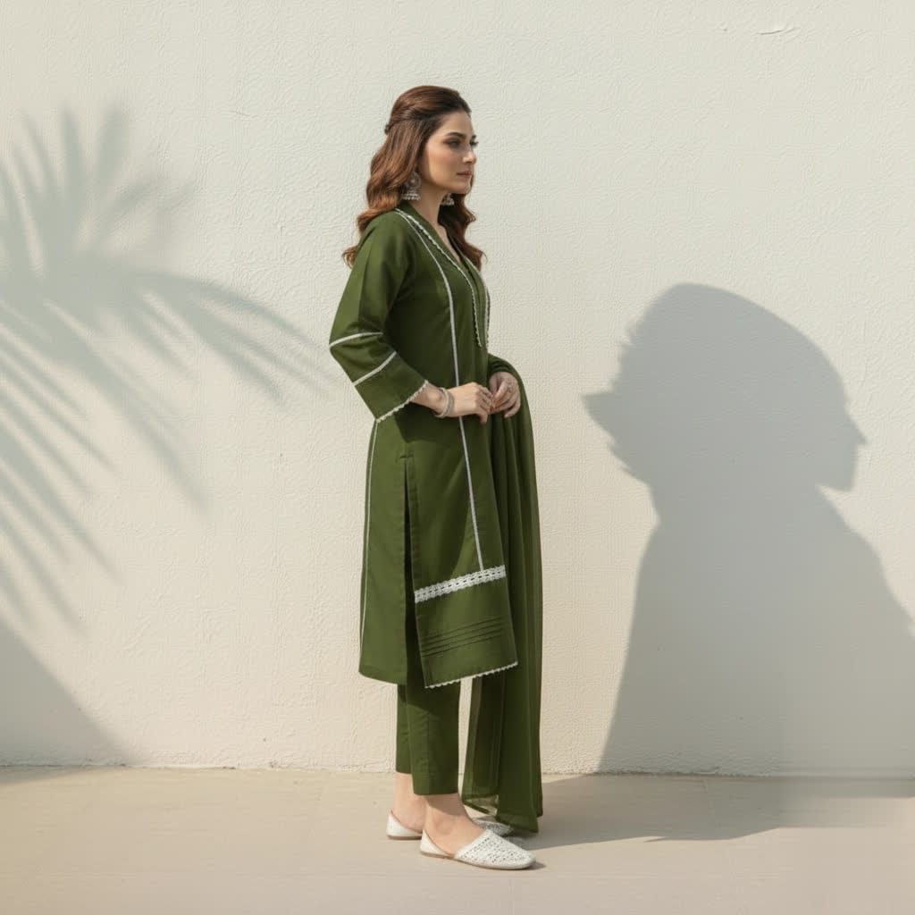 Classic Solid Cotton Ethnic 3-Piece Suit With Lace Embellishment
