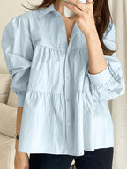 Elegant Puff Sleeve Blouse Single-Breasted Shirt With Stand Collar, Zip Placket, Professional Corporate Attire