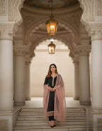 Elegant Black And Pink Kamiz Set For Women – Karchupi Lace Long Shirt, Bunon Pants & Soft Maslin Dupatta.