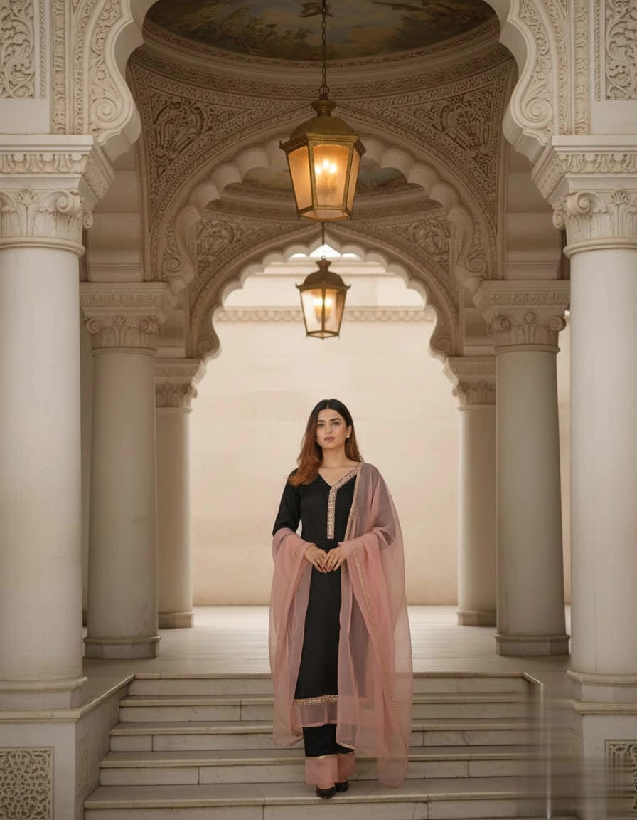 Elegant Black And Pink Kamiz Set For Women – Karchupi Lace Long Shirt, Bunon Pants & Soft Maslin Dupatta.