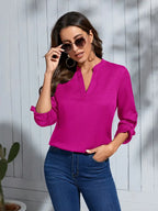 Stylish V-Neck Long Sleeve Blouse - Vibrant Pink Button-Up Shirt With Pockets, Casual & Office Wear Top
