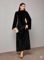 Elegant Full-Length Velvet Maxi Dress For Women, Long Sleeve Gown With Belt, Zipper Back And Tie Detail  Formal Evening Dress