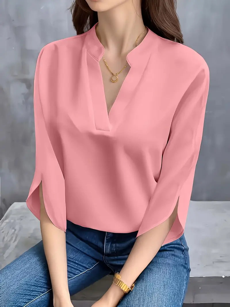 Mid-Sleeve Stand-Up Collar Top, Elegant Casual And Formal Wear, Sophisticated Flowing Silhouette