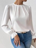 Elegant Lace Trim Blouse – Long Sleeve Round Neck Shirt, Sophisticated Workwear, Classic Feminine Top