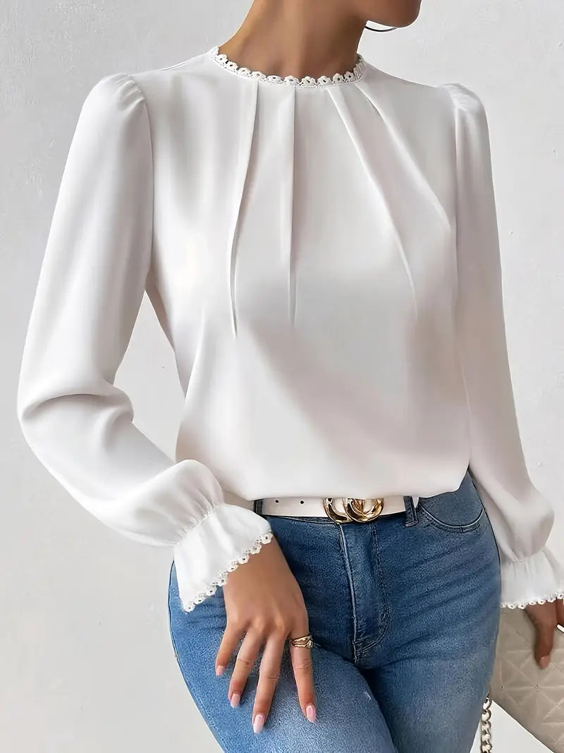 Elegant Lace Trim Blouse – Long Sleeve Round Neck Shirt, Sophisticated Workwear, Classic Feminine Top