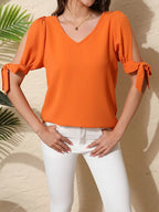 V-Neck Blouse, Bow Detail Top With Ruffle Sleeves And Split Hem, Feminine Lightweight Casual Wear