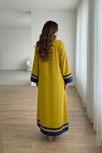Neon Green Contemporary Long Dress For Women – Elegant Blue Border Detail, Flowing Sleeves & Modern Modest Wear