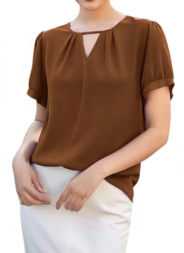 Women’s V-Neck Blouse, Loose Fit Short Sleeve Top With Glossy Fabric, Vintage Style