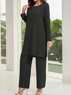 Elegant Women’s 2-Piece Set – Loose Round Neck Long Sleeve Top & Casual Wide-Leg Pants | Cozy Loungewear Outfit, Stylish Two-Piece Suit