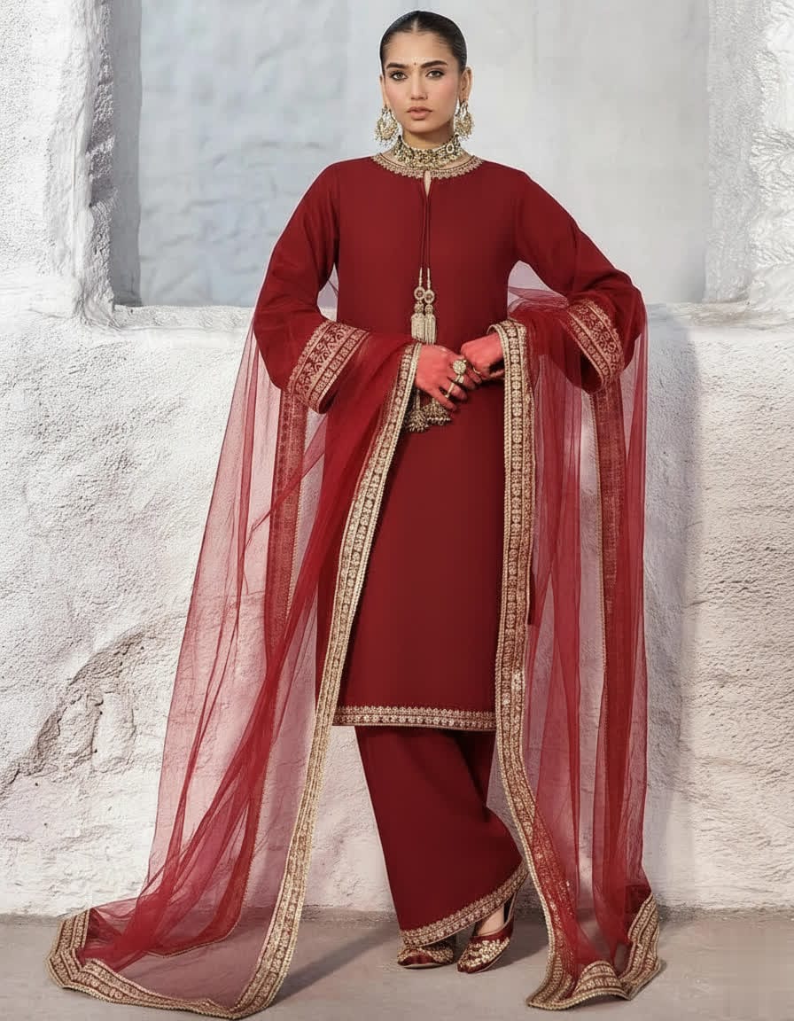 Maroon Shine Silk Kurta Trouser Set With Embroidered Lace & Net Dupatta - Luxury Ethnic Wear