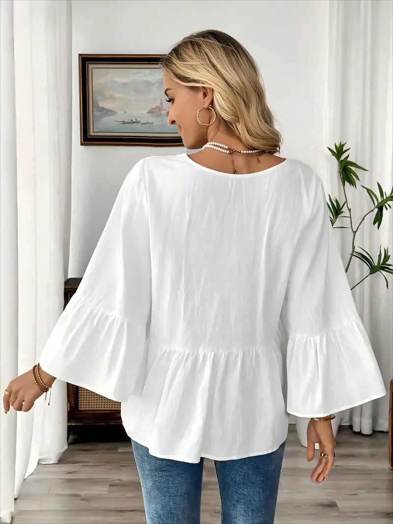 V-Neck Puff Sleeve Blouse, Asymmetrical Hem, Smock Neckline, A-Line Casual To Semi-Formal Tunic Top