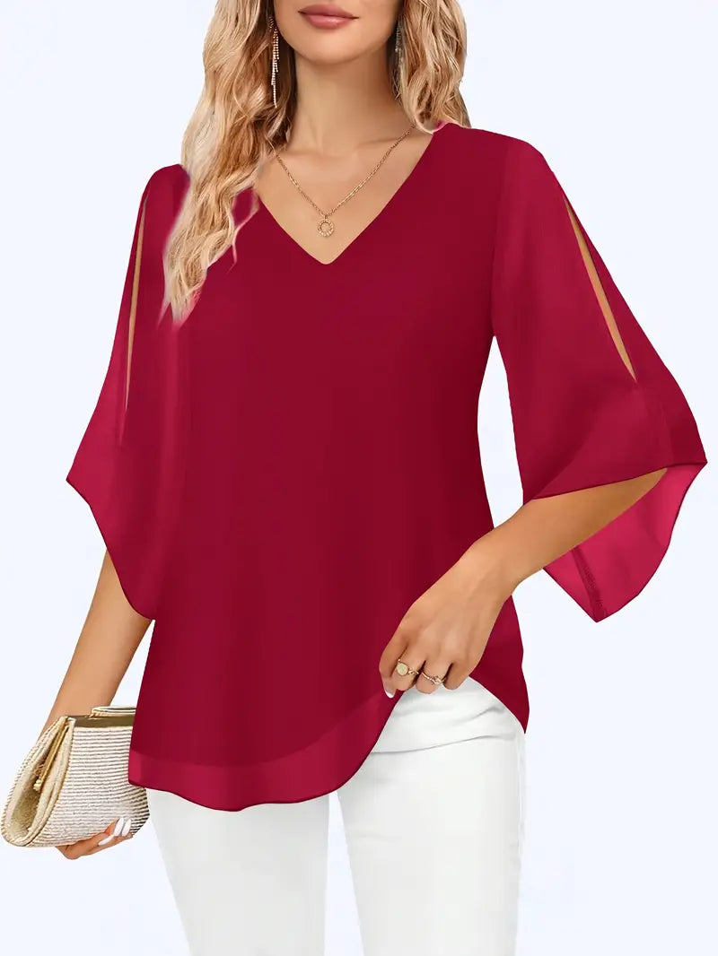 Elegant V-Neck Shirting Blouse, 3/4 Sleeve Top With Double Layer Mesh, Hollow Details, Casual & Formal Blouse