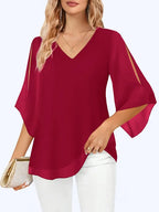 Elegant V-Neck Shirting Blouse, 3/4 Sleeve Top With Double Layer Mesh, Hollow Details, Casual & Formal Blouse