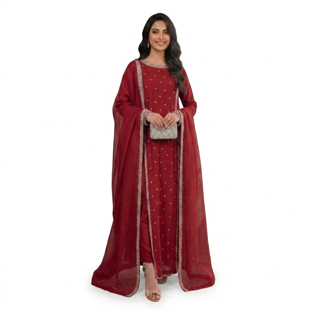 Luxury Silk Suit With Embroidered Lace