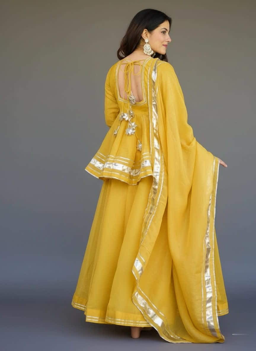 Yellow Flared Short Shirt Lehenga Dress, Stylish 3-Piece Ethnic Set With Embellished Dupatta With Decorative Silver Border