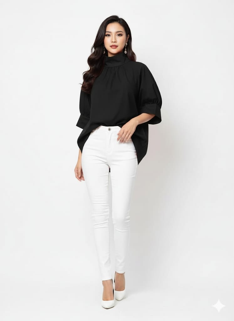 NISWA STYLE Casual Turtleneck Tunic Top – Half Sleeve  Non-Stretch Woven Fabric, High Neck Loose Fit Shirt For Women