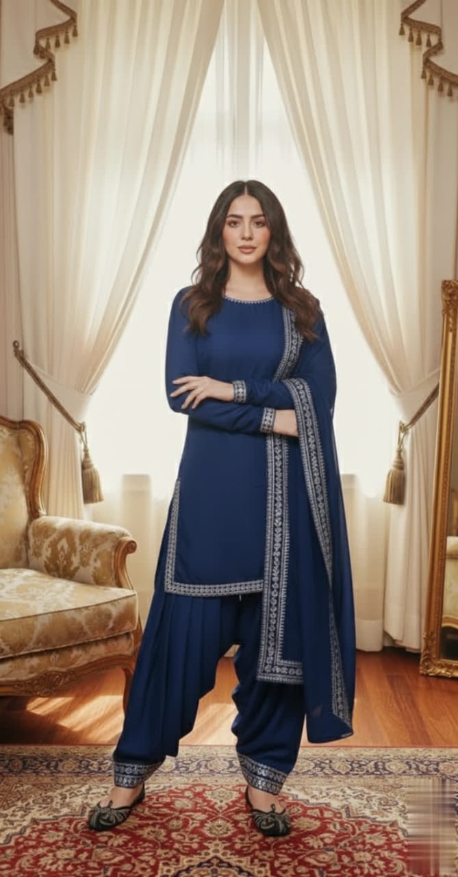 Elegant Silk Short Shirt Patiala Salwar Kameez With Gota Lace Dupatta.