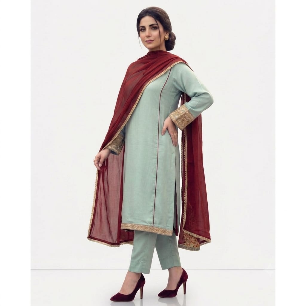 Mint Green Straight Kurta & Maroon Dupatta