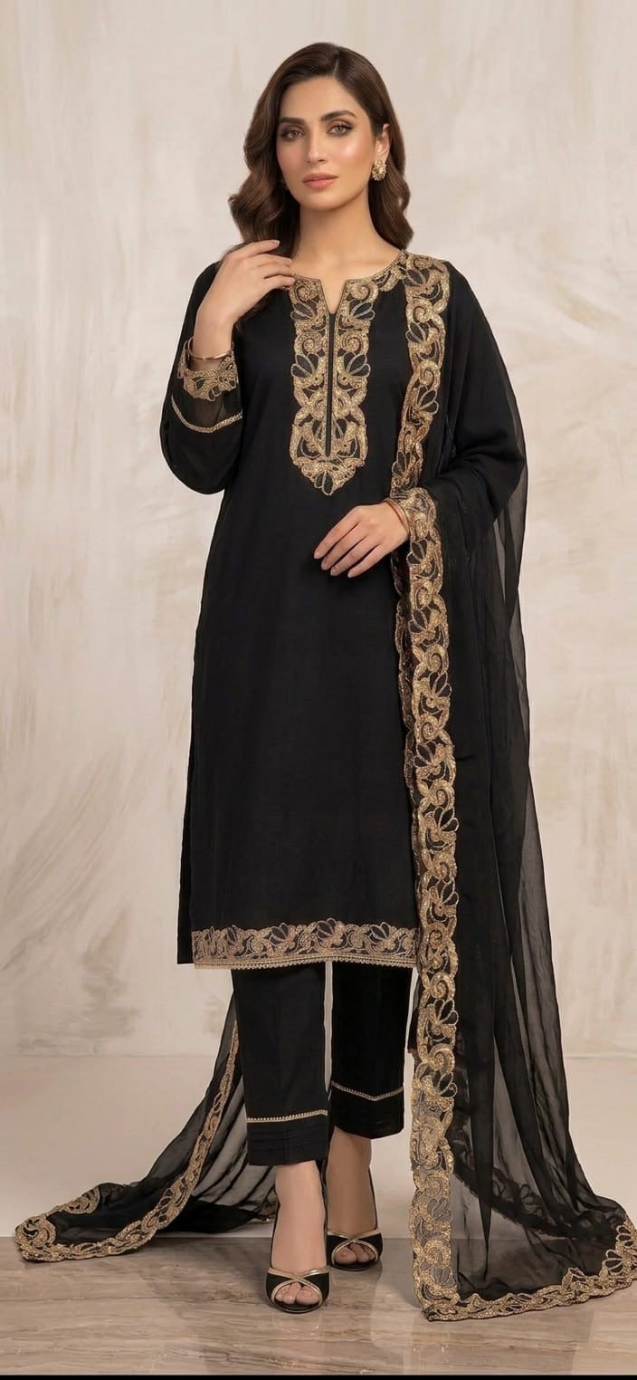 Black Embroidered Lace Three Piece Suit