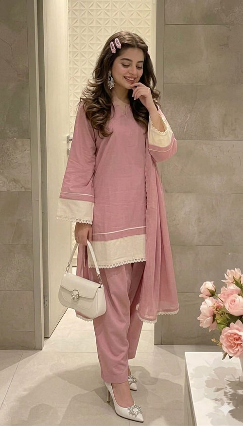 Classic Pink Linen Suit With White Hem Detail & Chiffon Dupatta.