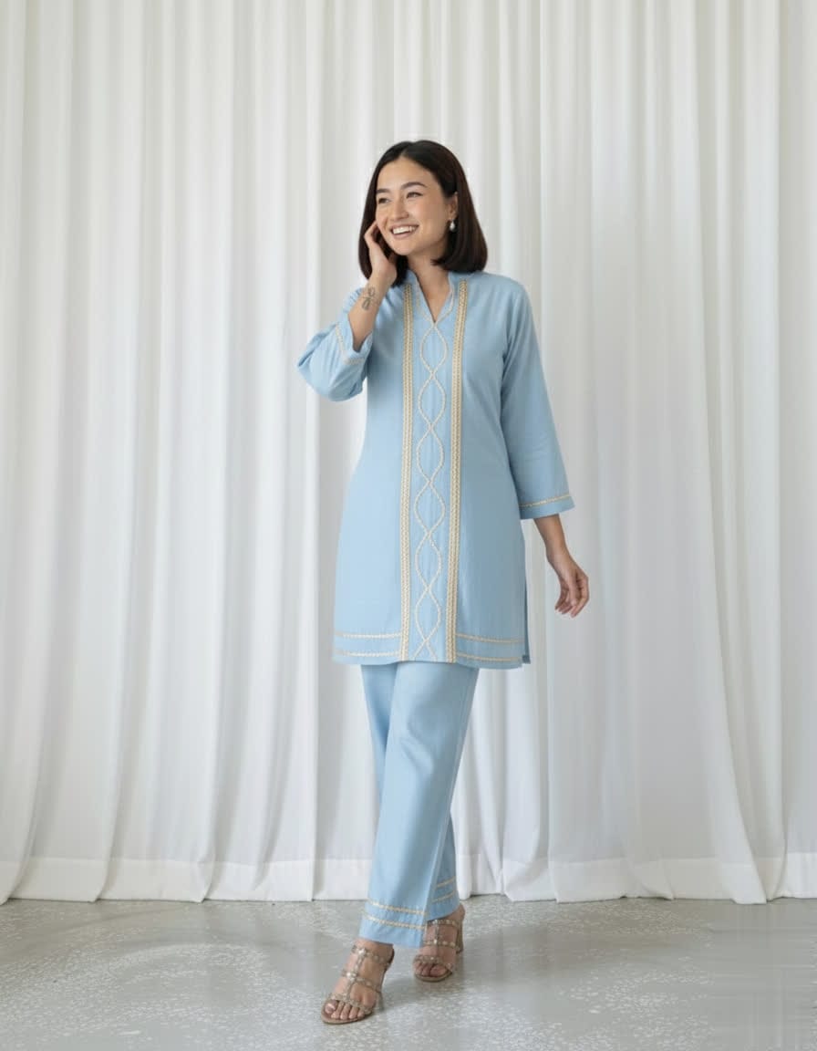 Cotton Slub Kurti Palazzo Set – Soft Co-Ord With Elegant Lace Detailing - Comfortable Daily Wear Kurta & Palazzo For Women