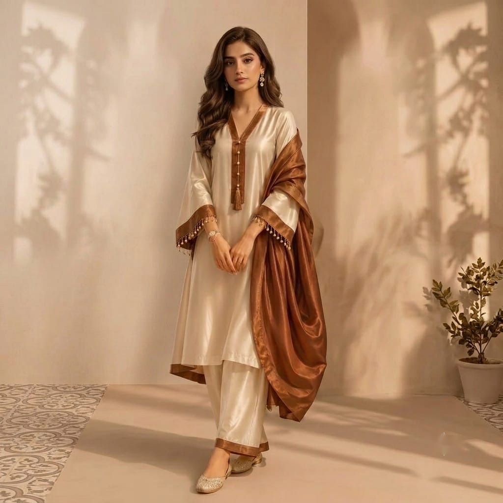Cream & Caramel Brown Three -Piece Silk Suit