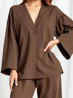 Women’s Elegant Two-Piece Set – Loose-Fit Long Sleeve Button-Up Top & High-Waist Wide-Leg Pants | Flowy Outfit For Casual To Semi-Formal Wear