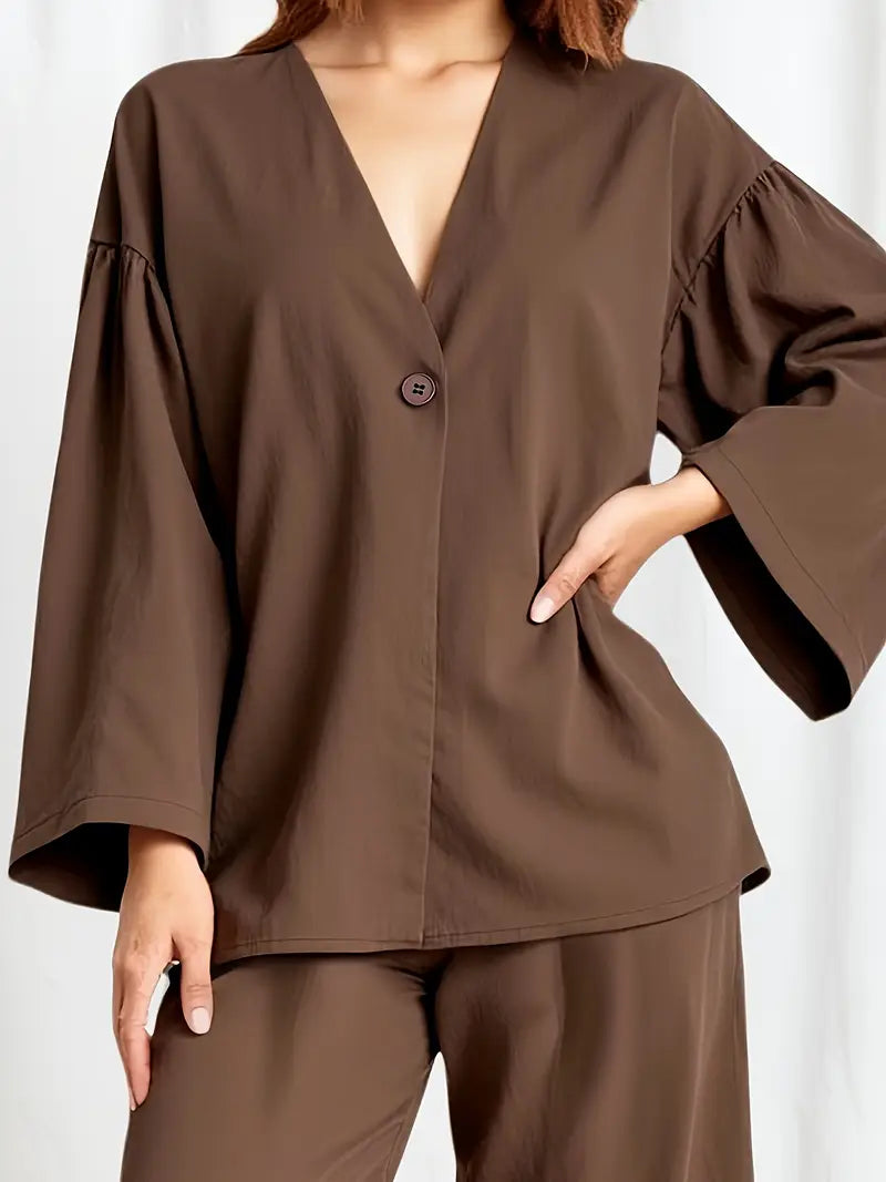 Women’s Elegant Two-Piece Set – Loose-Fit Long Sleeve Button-Up Top & High-Waist Wide-Leg Pants | Flowy Outfit For Casual To Semi-Formal Wear