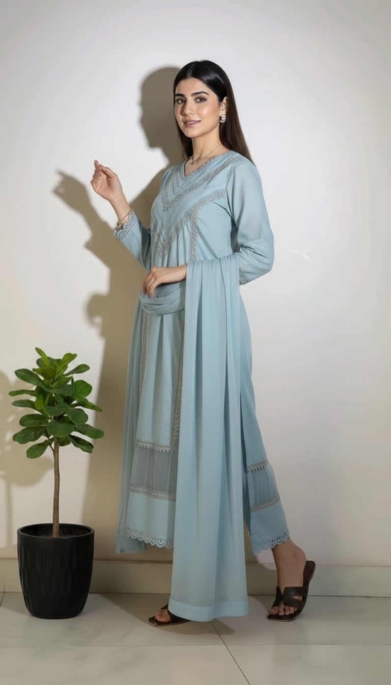 Cotton Lace Kurta Set For Women – 3 Piece Ethnic Suit With Chiffon Dupatta. |