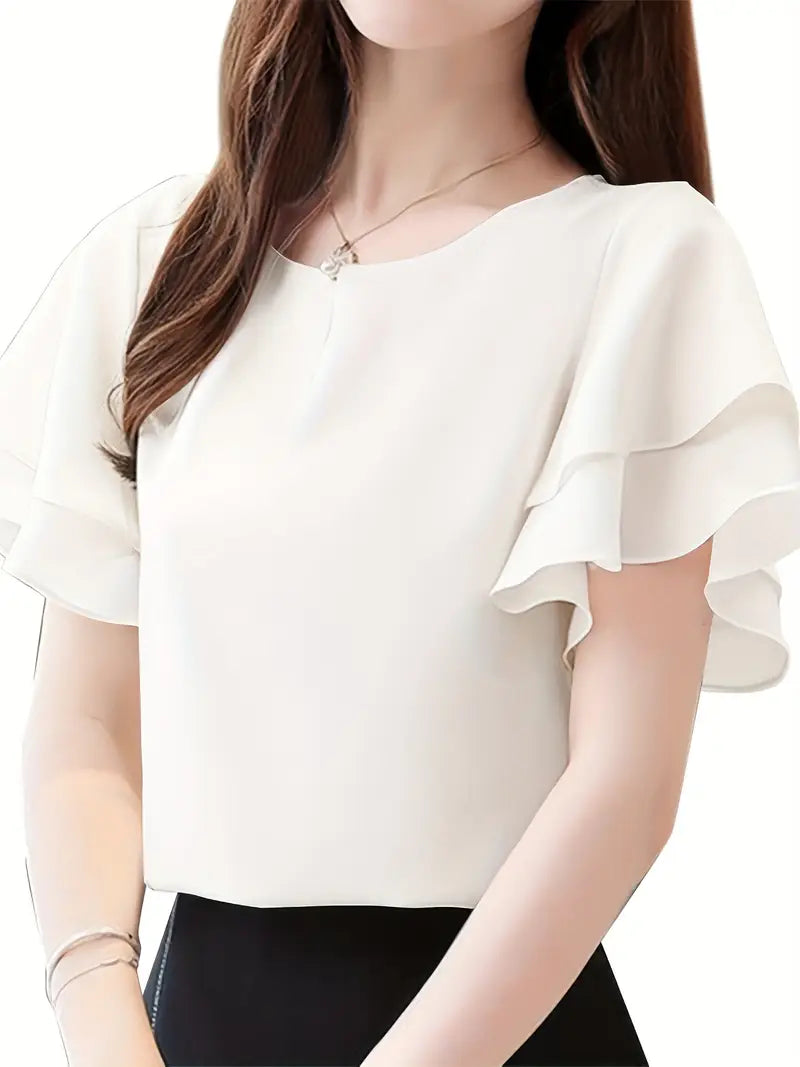 Elegant Lightweight Blouse – Double Layer Ruffle Sleeve Top, Round Neck Loose Fit Casual And Commute Wear