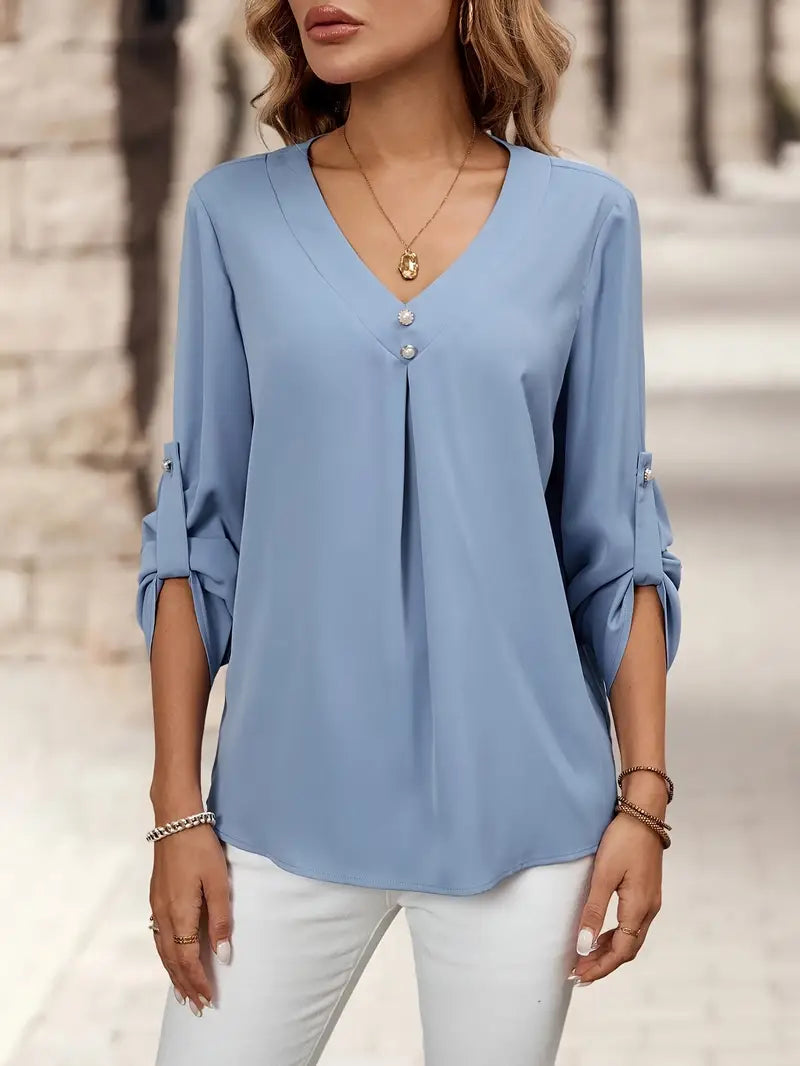 Button-Up Women’s Shirt, V-Neck Long Sleeve Blouse With Sophisticated Design, Casual And Office Fashion Top