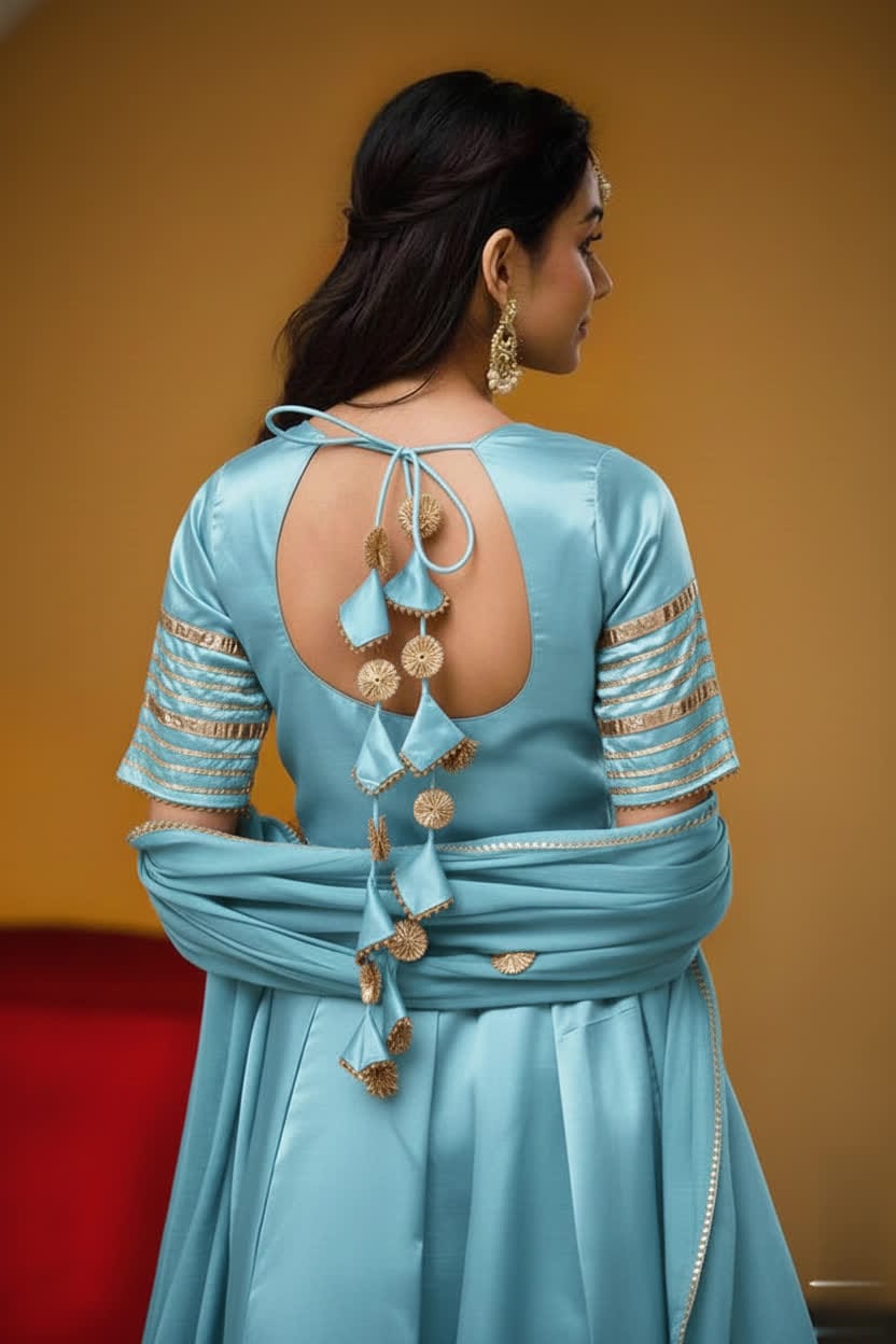 Premium Black Gota Patti Anarkali Pant Set For Women – Silk Long Anarkali With Different Shade Chiffon Dupatta & Embellished Pants.