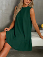 Bohemian Green Sleeveless Mini Dress – Round Neck Dress With Ruffled Hem, Flowy Fabric | Boho Chic Outfit