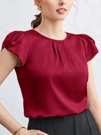 Women’s Round Neck Ruffled Petal Sleeve Top, Casual Chic Glossy Texture Ladies Blouses