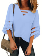 Elegant V-Neck T-Shirt – 3/4 Sleeve  Blouse With Breathable Mesh Panel Top For Casual & Everyday Wear