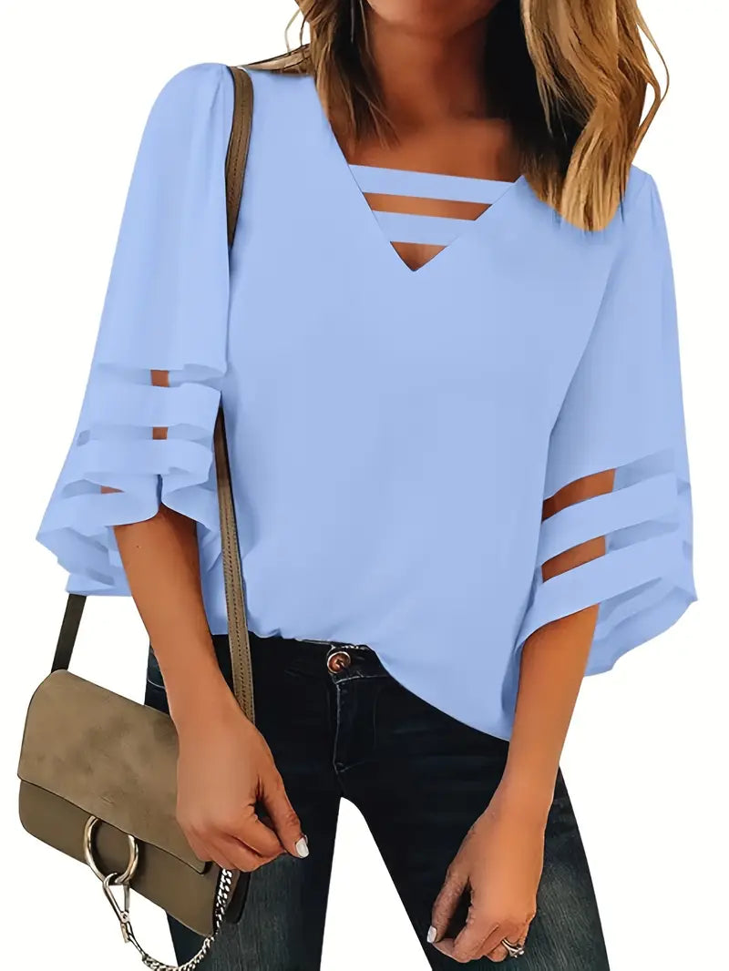 Elegant V-Neck T-Shirt – 3/4 Sleeve  Blouse With Breathable Mesh Panel Top For Casual & Everyday Wear