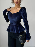 Elegant Velvet V-Neck Long Sleeve Top – Soft Button-Up Shirt With Ruffled Hem