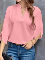 Mid-Sleeve Stand-Up Collar Top, Elegant Casual And Formal Wear, Sophisticated Flowing Silhouette