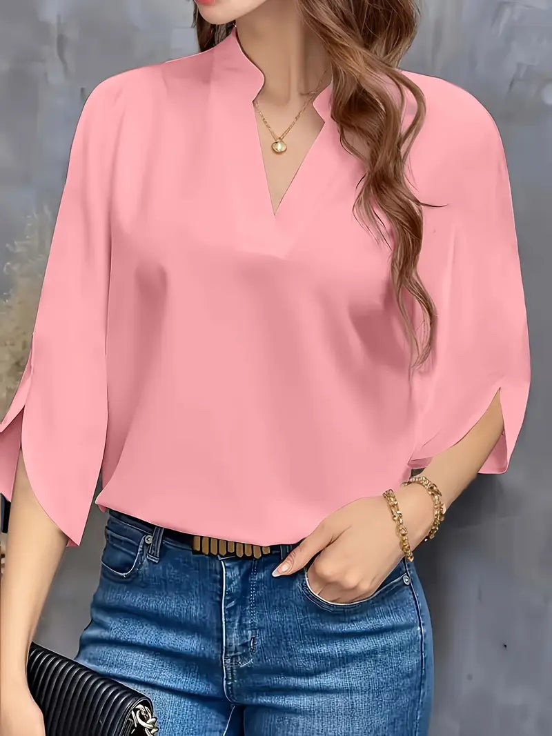 Mid-Sleeve Stand-Up Collar Top, Elegant Casual And Formal Wear, Sophisticated Flowing Silhouette