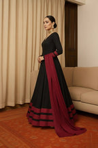 Peach & Red Anarkali Set For Women – Full Flare Long Gown With Contrast Border & Matching Dupatta - Elegant Traditional Outfit With Different Shades.